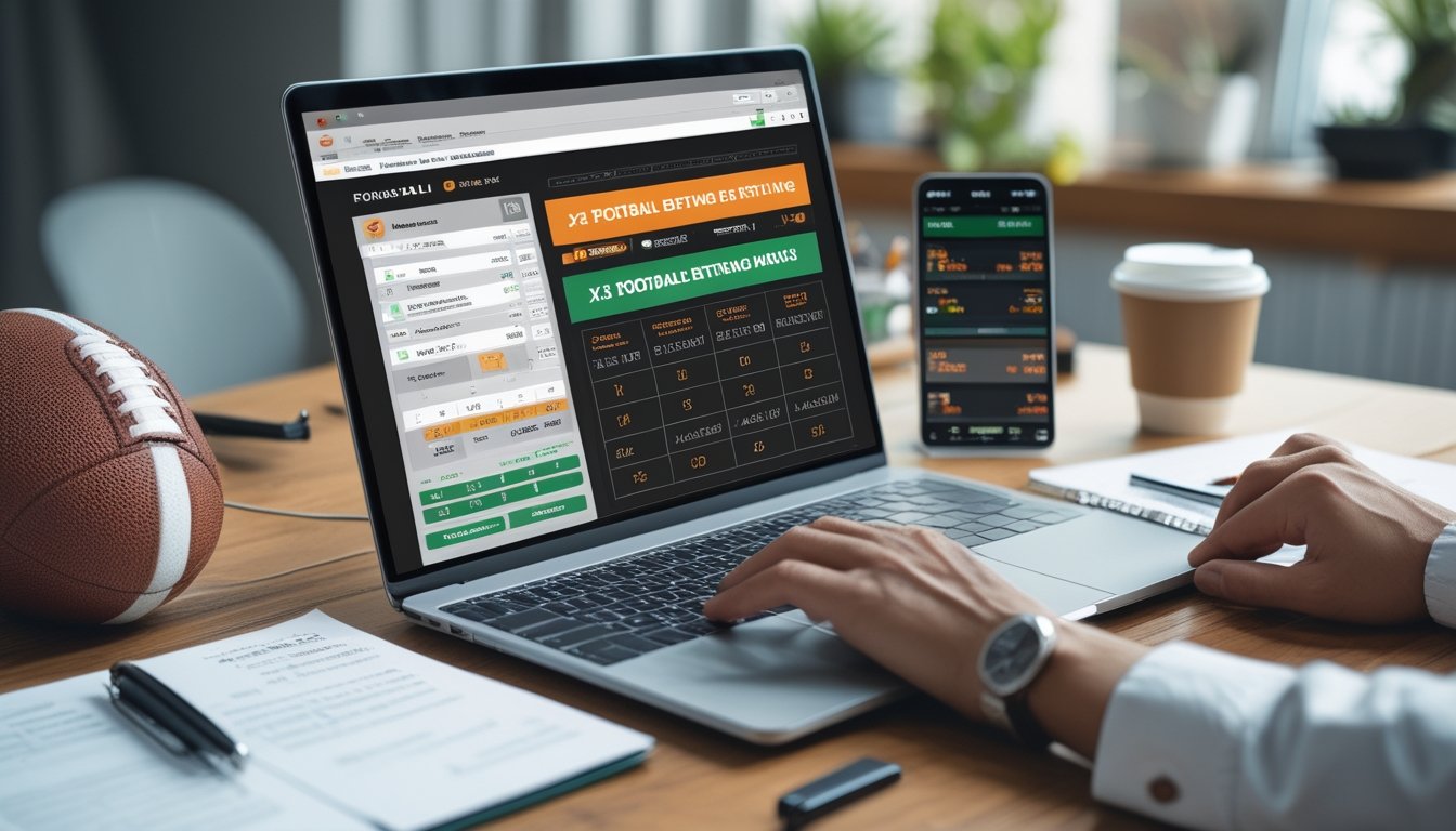 Meja kerja dengan laptop yang menampilkan antarmuka analisis odds sepak bola 1X2, bola sepak di atas meja, dan alat tulis di sekitarnya.