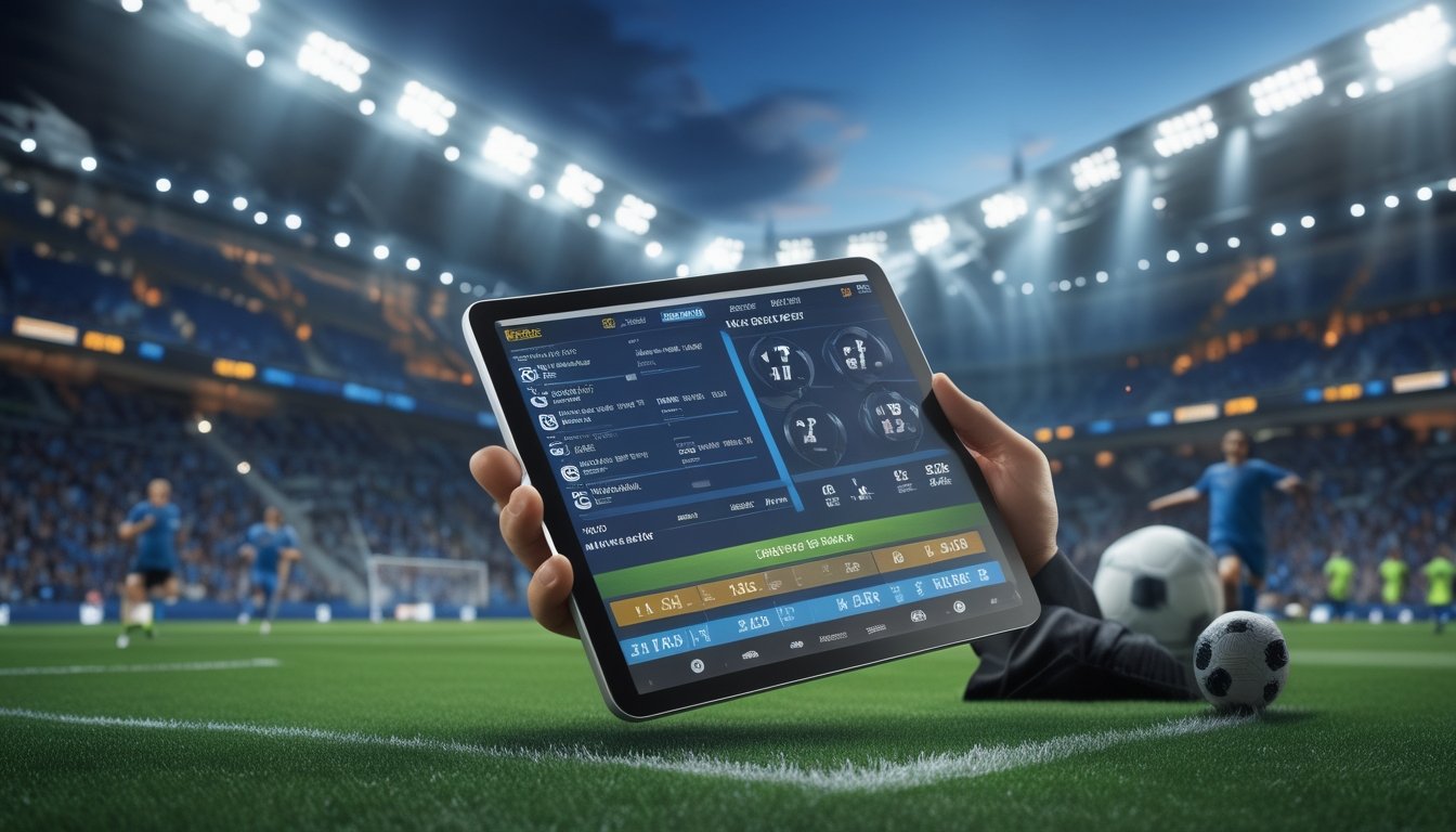 Seorang analis sepak bola memegang tablet dengan grafik odds 1X2 di stadion sepak bola yang ramai saat pertandingan berlangsung.