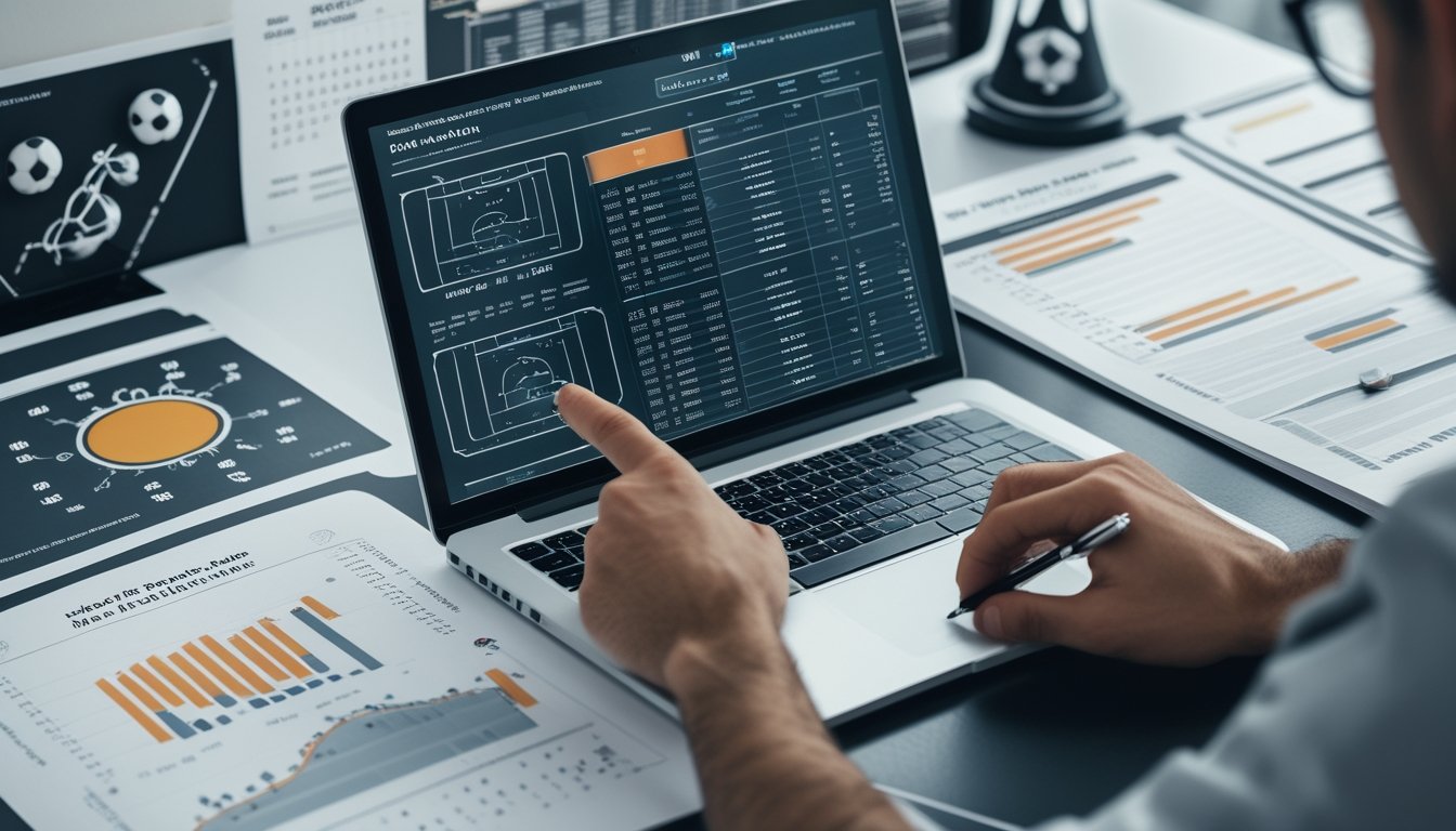 Sebuah meja kerja dengan laptop yang menampilkan statistik dan formasi sepak bola, tangan seseorang menunjuk layar, dan beberapa dokumen terkait analisis pertandingan sepak bola.