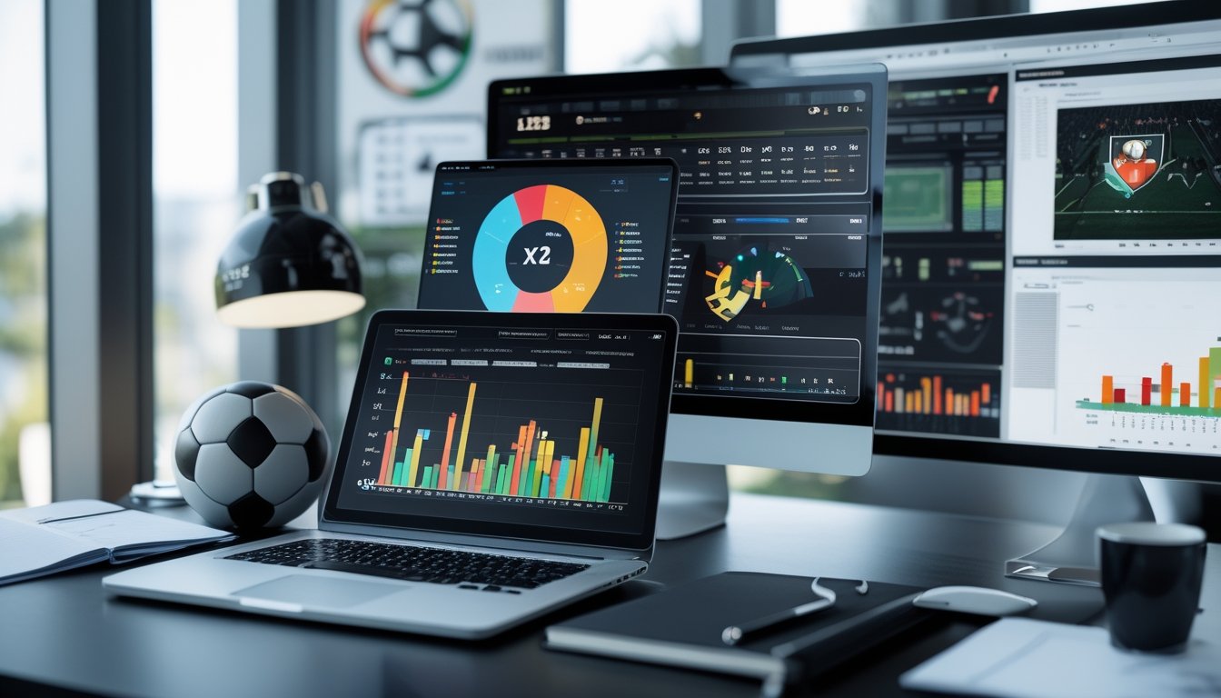 Sebuah ruang kerja modern dengan laptop dan monitor yang menampilkan grafik statistik sepak bola dan formasi tim, di meja terdapat bola sepak dan catatan taktik.