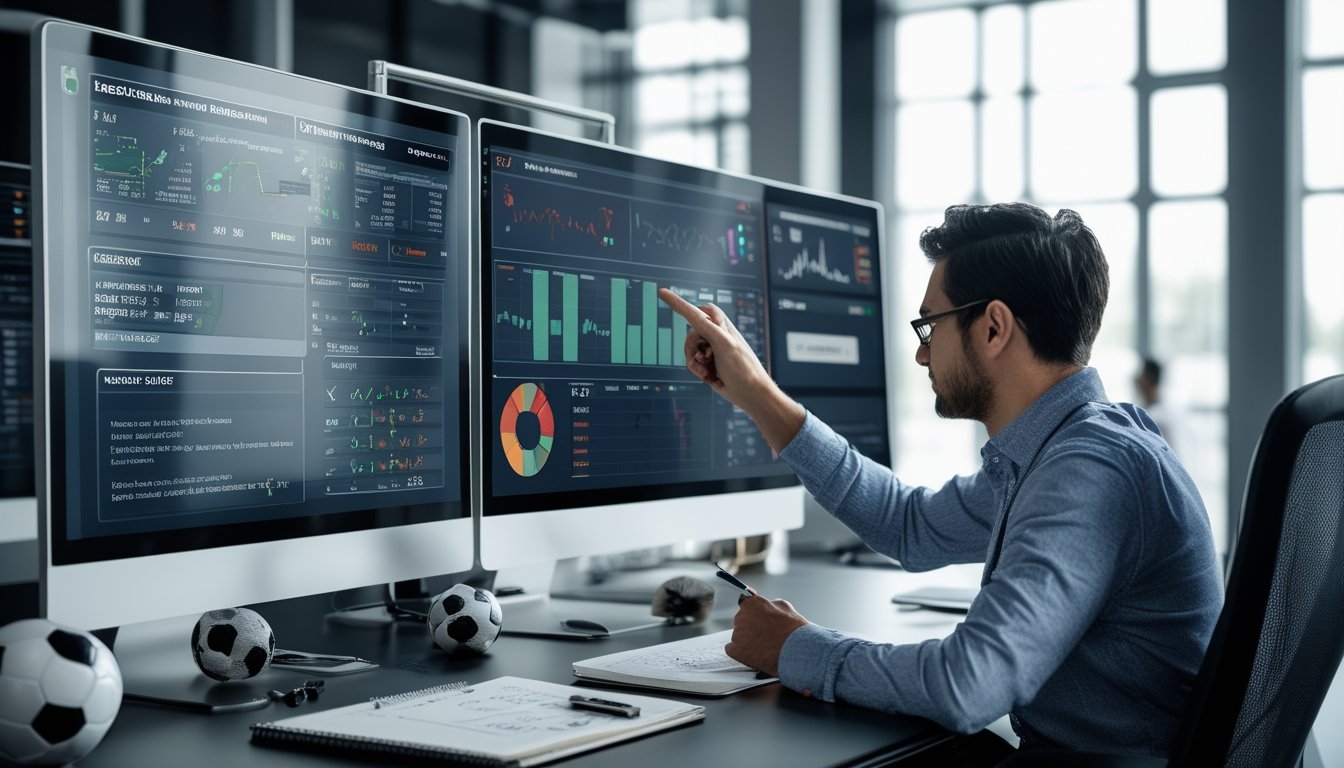 Seorang profesional sedang menganalisis data pertandingan sepak bola di depan beberapa monitor komputer di ruang kerja yang terang.