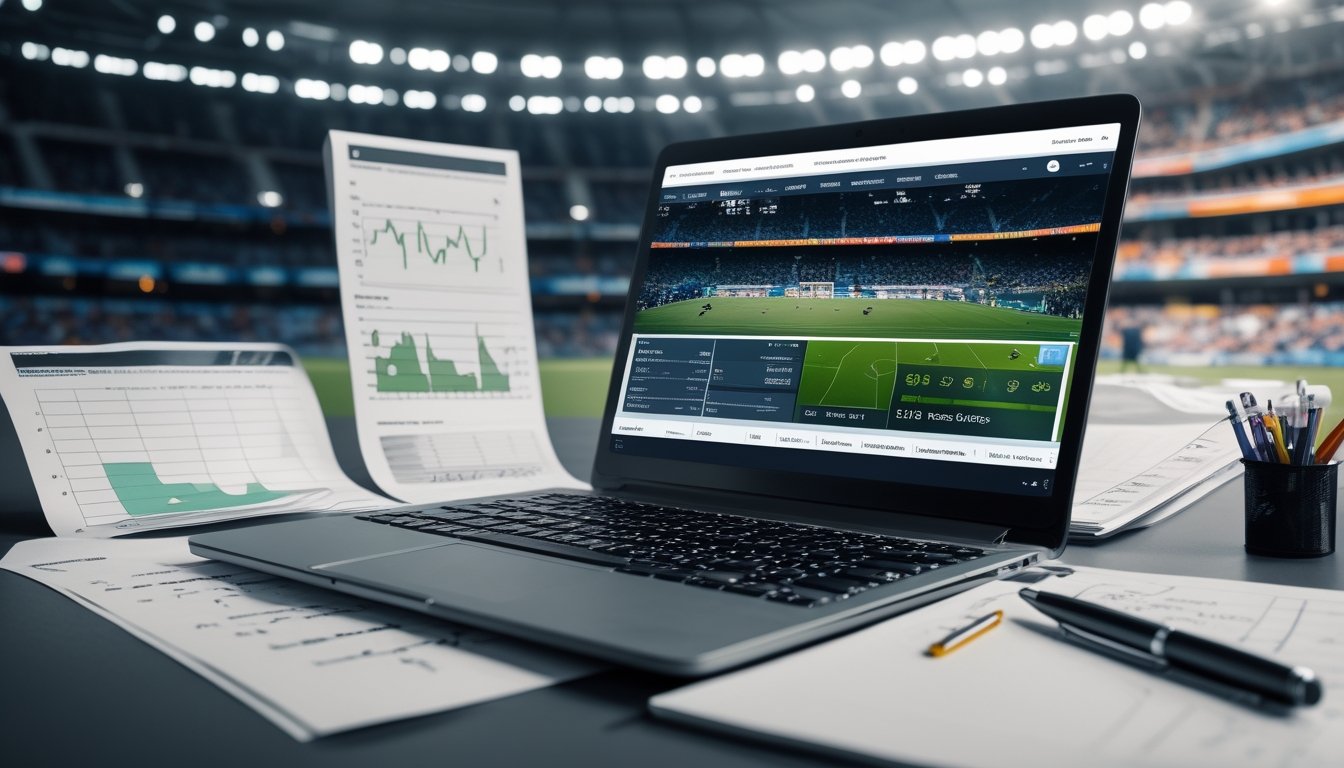 Seorang analis duduk di depan laptop dengan grafik dan data sepak bola, di latar belakang stadion sepak bola yang penuh penonton.