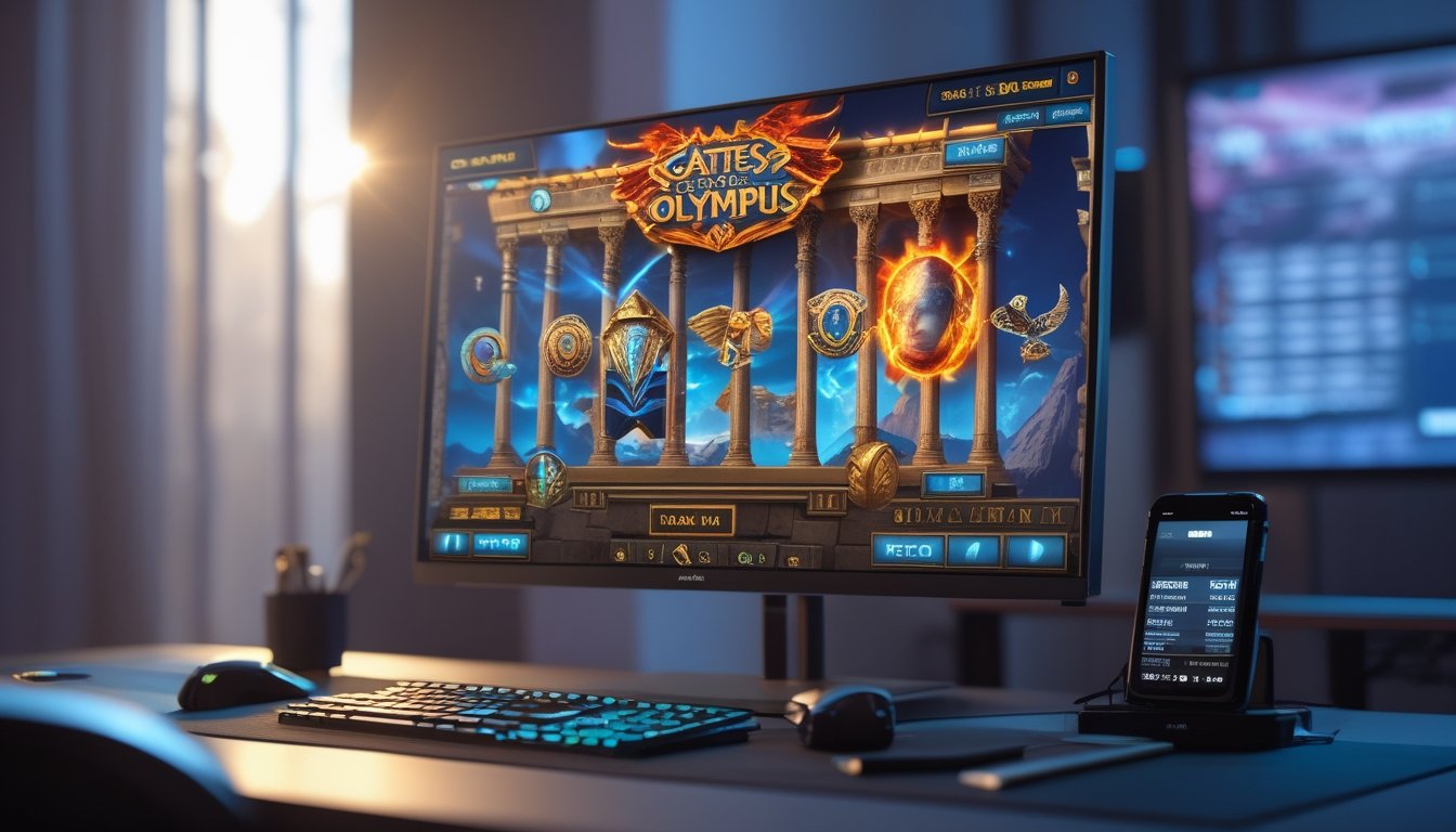 Seorang pengguna duduk di depan komputer dengan layar menampilkan permainan slot bertema mitologi Yunani, di meja terdapat aksesori gaming dan alat tulis.