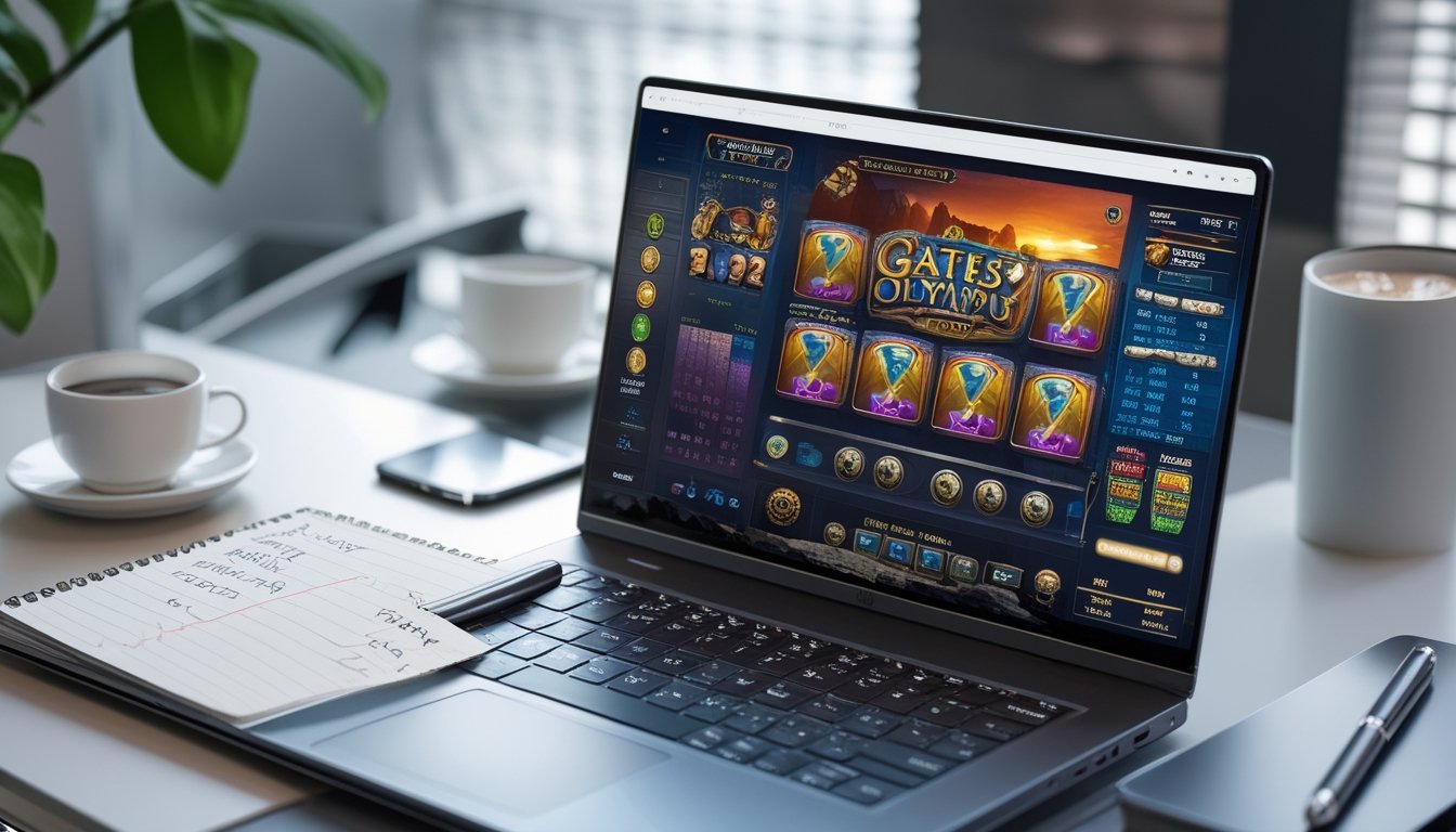 Sebuah meja kerja dengan laptop menampilkan permainan slot Gates of Olympus, buku catatan strategi pola sederhana, dan beberapa perlengkapan di sekitar meja.