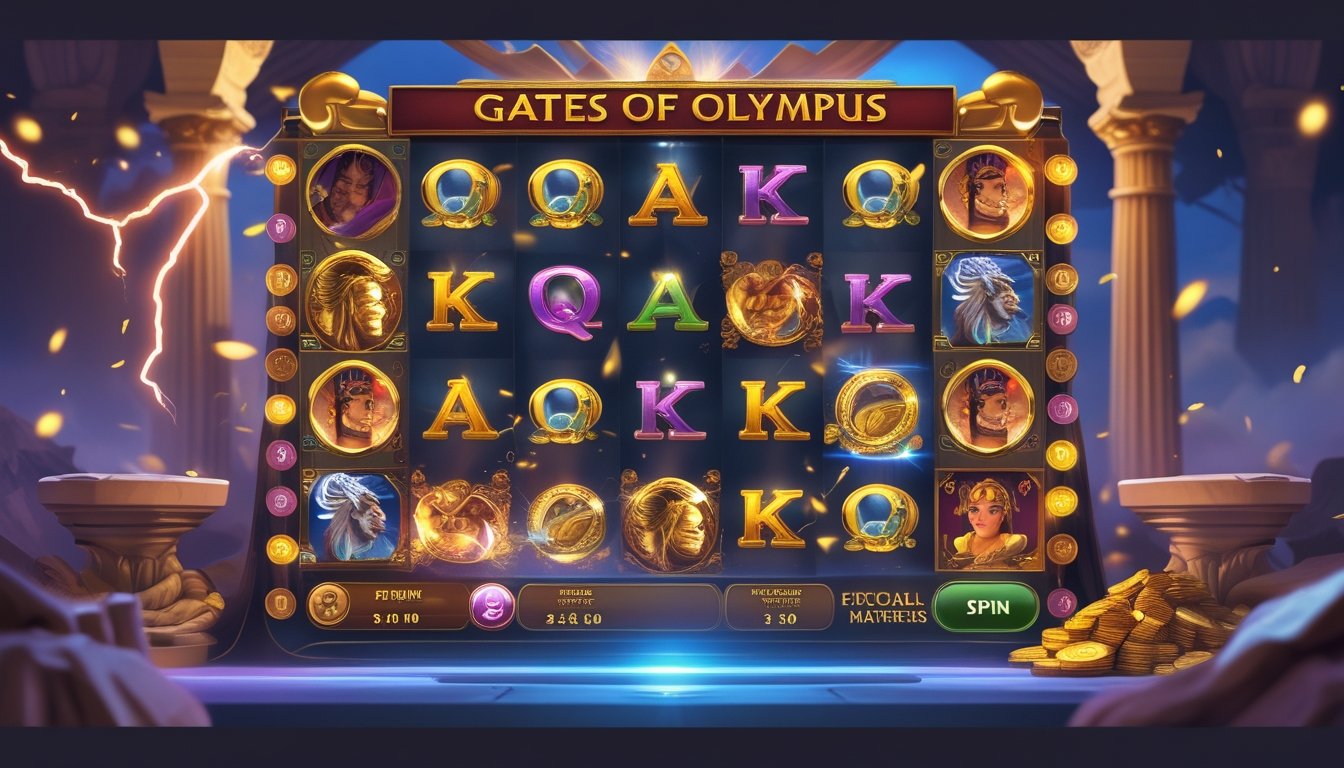 Mesin slot Gates of Olympus dengan simbol berkilau dan koin emas yang berputar, dikelilingi elemen mitologi Yunani seperti petir dan kursi Zeus.