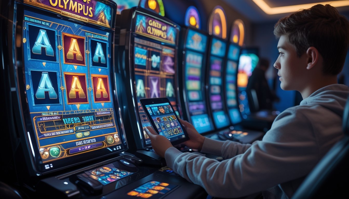 Seseorang sedang memeriksa pola kemenangan pada layar mesin slot bertema Gates of Olympus di sebuah ruang permainan modern.