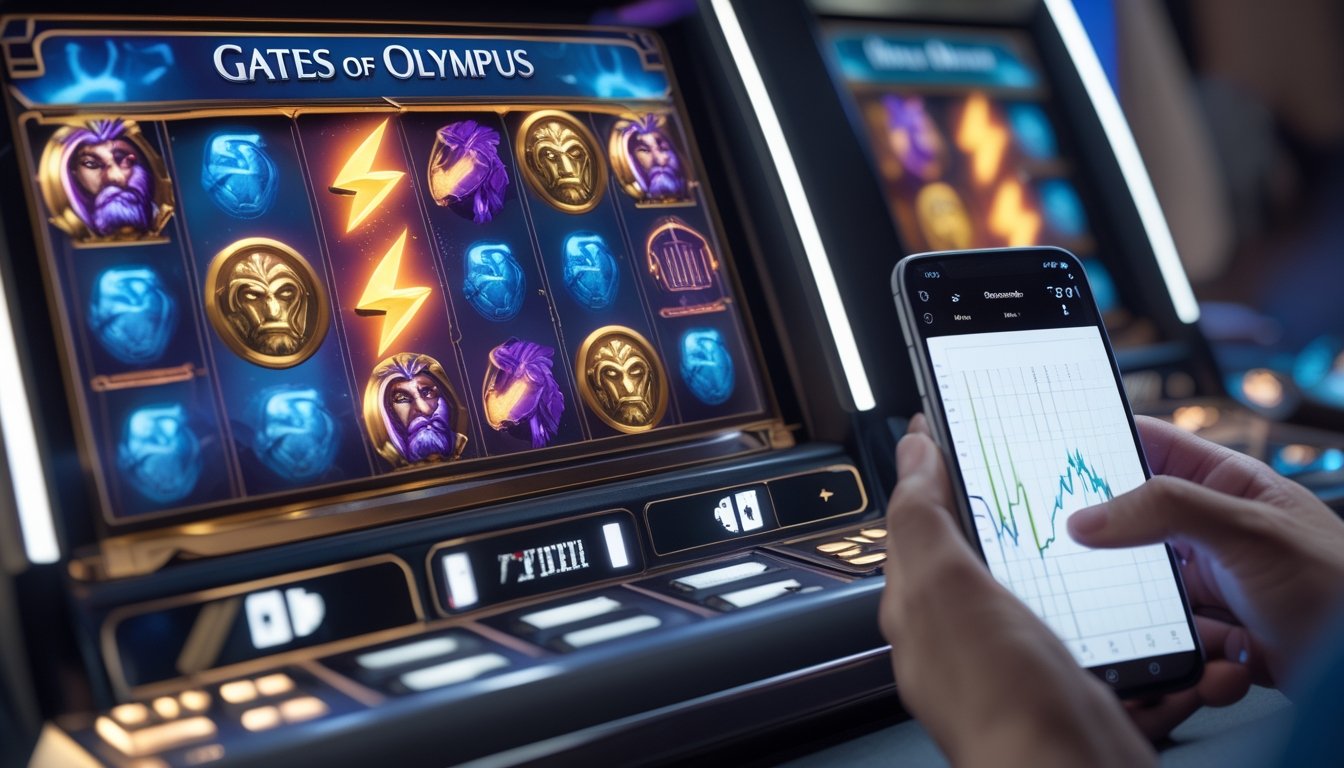 Seorang pemain sedang melihat mesin slot Gates of Olympus dengan layar penuh simbol warna-warni dan memegang ponsel yang menampilkan grafik pola kemenangan, di meja terdapat buku catatan dan pena.