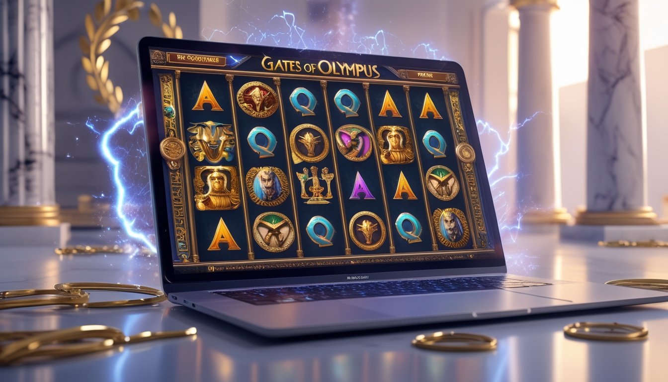 Tampilan layar komputer dengan permainan slot bertema mitologi Yunani yang menampilkan simbol-simbol seperti petir dan gerbang emas.