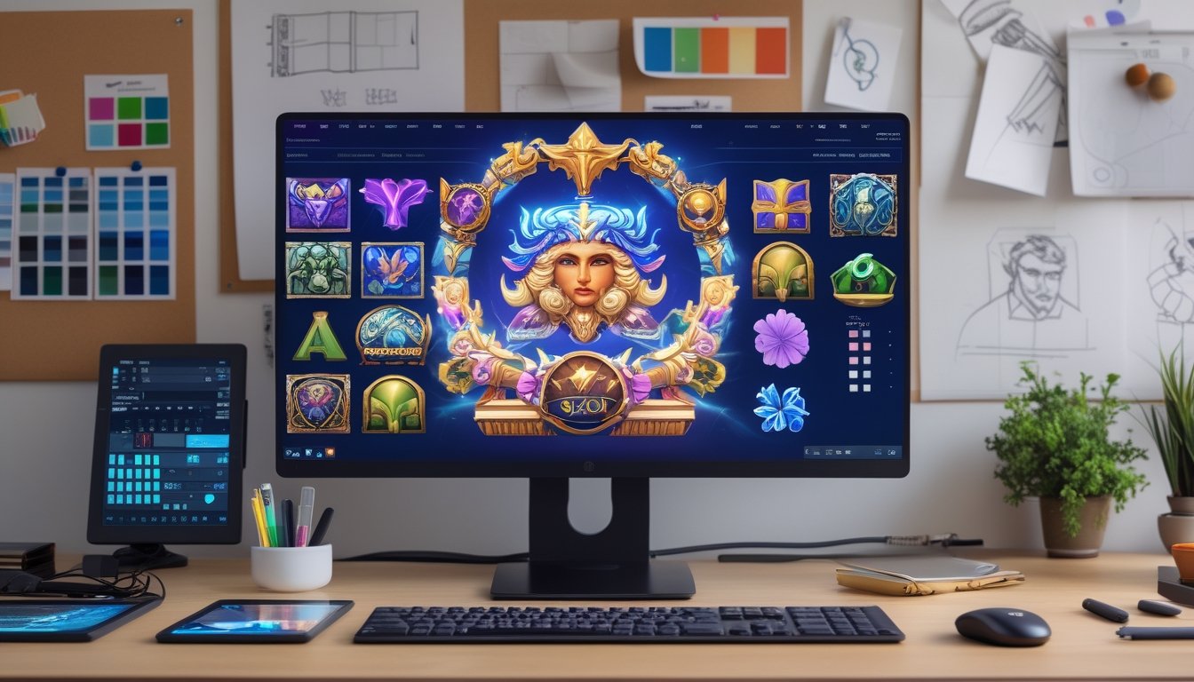 Sebuah ruang kerja modern dengan komputer yang menampilkan grafis bertema mitologi Yunani dan alat desain di sekitarnya.