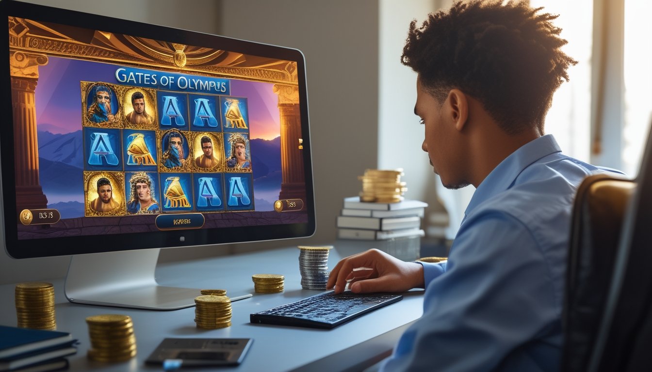 Seseorang sedang fokus bermain permainan slot online dengan tema mitologi Yunani di depan laptop, dengan tumpukan koin kecil dan buku catatan di meja.