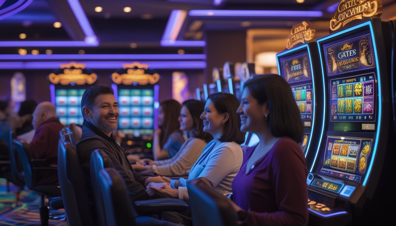 Beberapa pemain sedang menikmati permainan mesin slot Gates of Olympus di dalam kasino dengan suasana yang nyaman dan pencahayaan yang menarik.