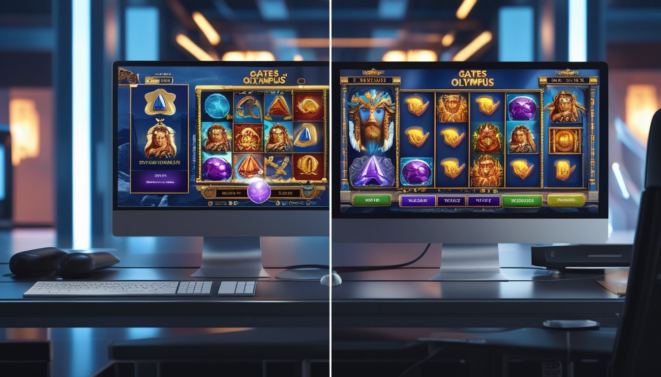 Dua layar perangkat menampilkan versi demo dan versi asli permainan slot Gates of Olympus yang berdampingan di atas meja modern.