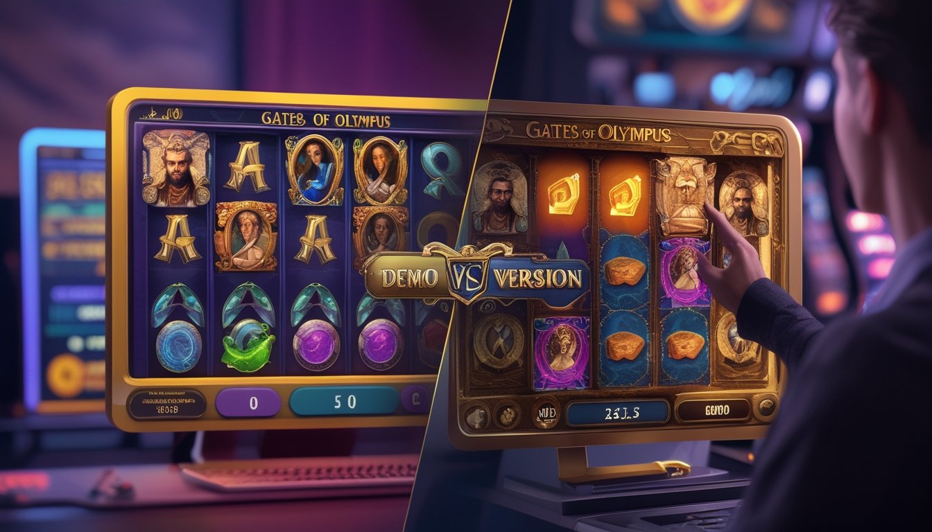 Gambar yang menunjukkan perbandingan dua versi permainan slot Gates of Olympus, versi demo di satu sisi dan versi asli di sisi lain.