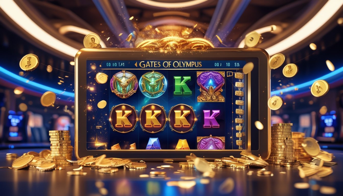 Layar mesin slot Gates of Olympus dengan simbol warna-warni dan efek koin berkilau yang menunjukkan kemenangan besar.
