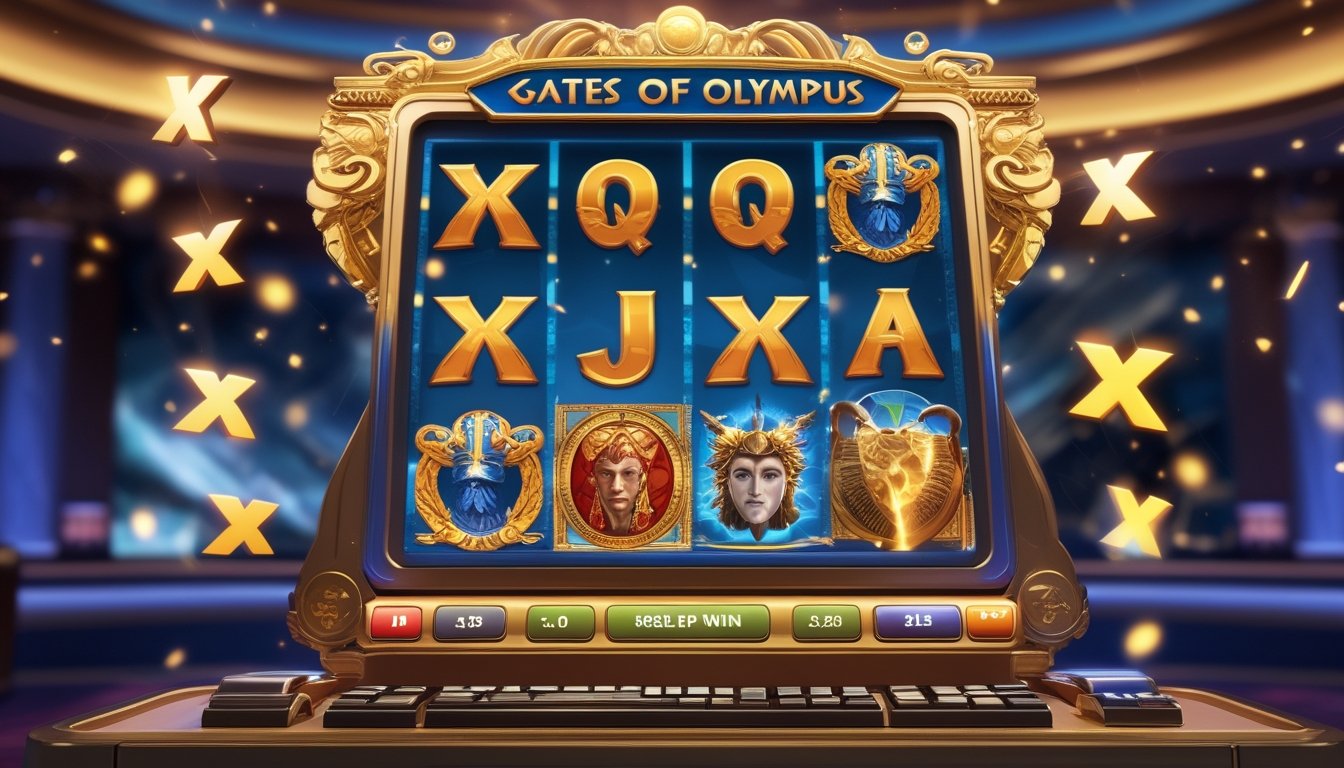 Layar mesin slot dengan tema Gates of Olympus menampilkan simbol multiplier dan latar belakang kasino yang mewah.