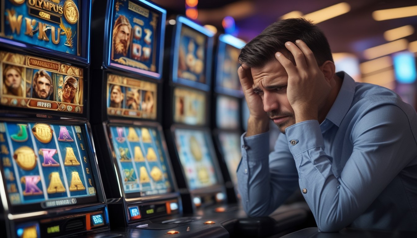 Seorang pria kecewa duduk di depan mesin slot bertema Gates of Olympus di dalam kasino.