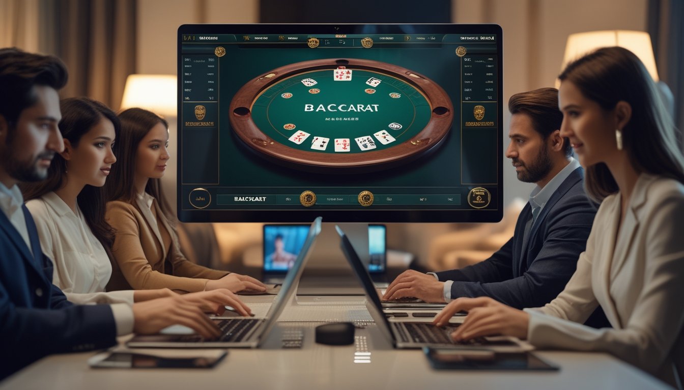 Beberapa orang bermain permainan baccarat online di depan komputer dan perangkat mobile dalam ruangan yang nyaman.