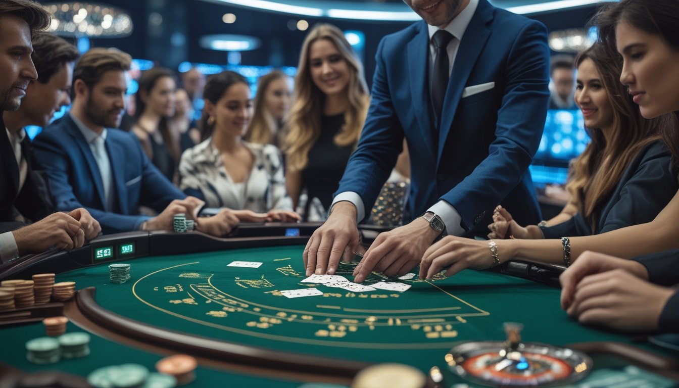 Meja baccarat dengan dealer dan pemain yang sedang bermain kartu di kasino.