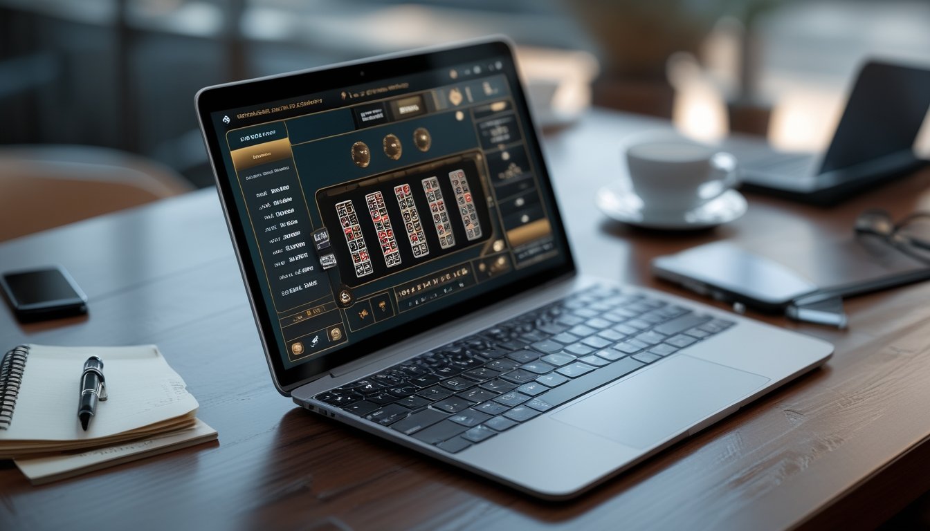 Seorang pemain sedang menggunakan laptop untuk bermain baccarat online dengan catatan strategi di meja kerja.