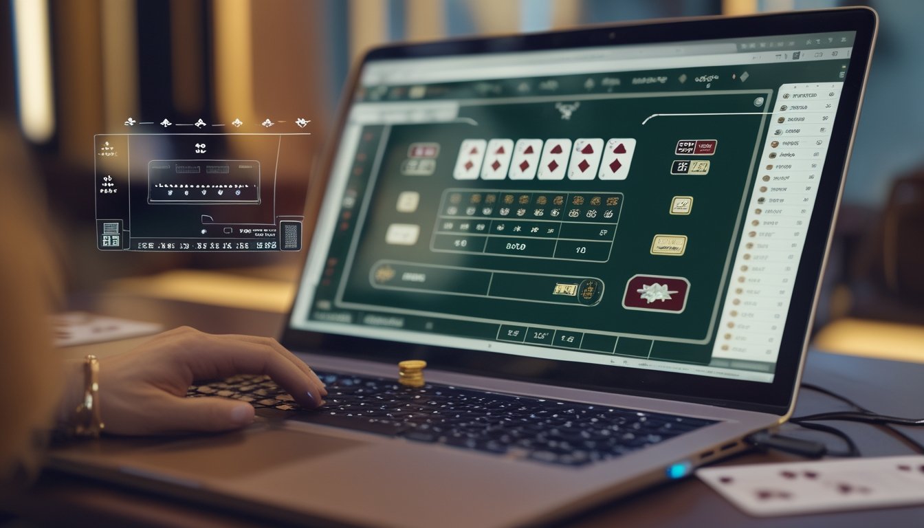 Layar komputer menampilkan permainan Speed Baccarat online dengan kartu dan chip, dikelilingi oleh elemen yang menggambarkan pola dan teknik sederhana dalam bermain.