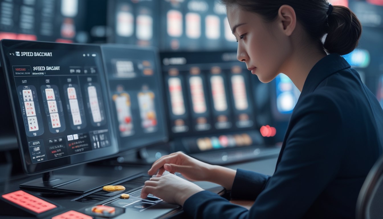 Seorang pemain fokus bermain speed baccarat di depan layar komputer dengan tampilan kartu baccarat digital.