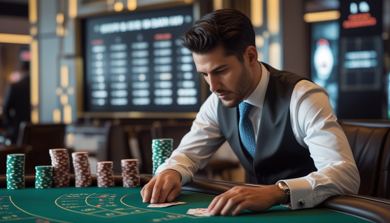 Seorang pemain berpakaian rapi sedang fokus memperhatikan kartu di meja baccarat di kasino dengan tumpukan chip di sampingnya dan layar digital menampilkan statistik permainan di latar belakang.