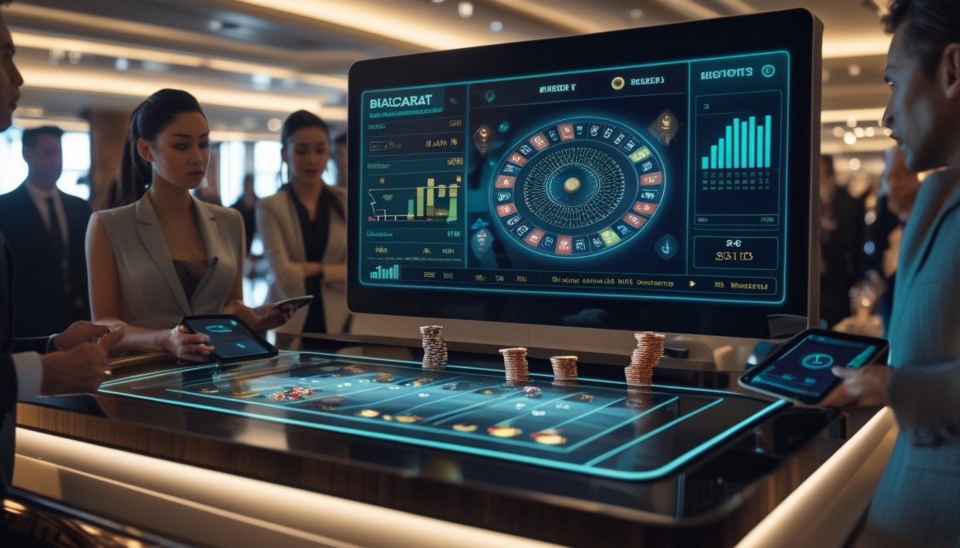 Sekelompok pemain menggunakan perangkat digital untuk bermain baccarat online di meja sentuh modern dalam suasana lounge kasino yang elegan.