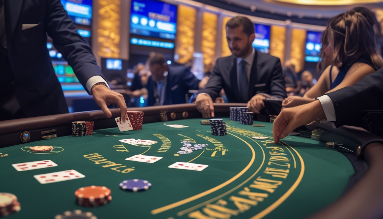 Meja permainan baccarat dengan dealer membagikan kartu dan beberapa pemain yang sedang bermain di kasino.
