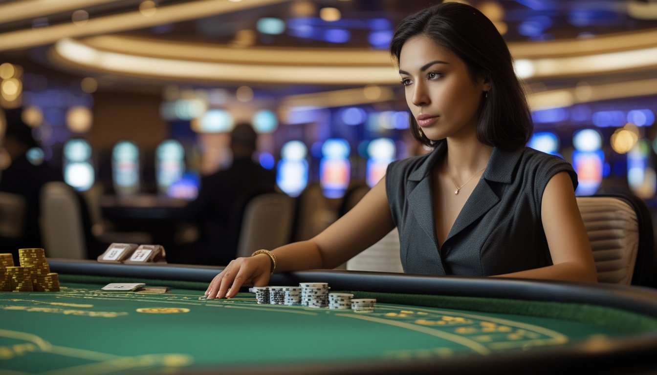 Seorang wanita muda fokus bermain speed baccarat di meja kasino dengan kartu dan chip di depan.