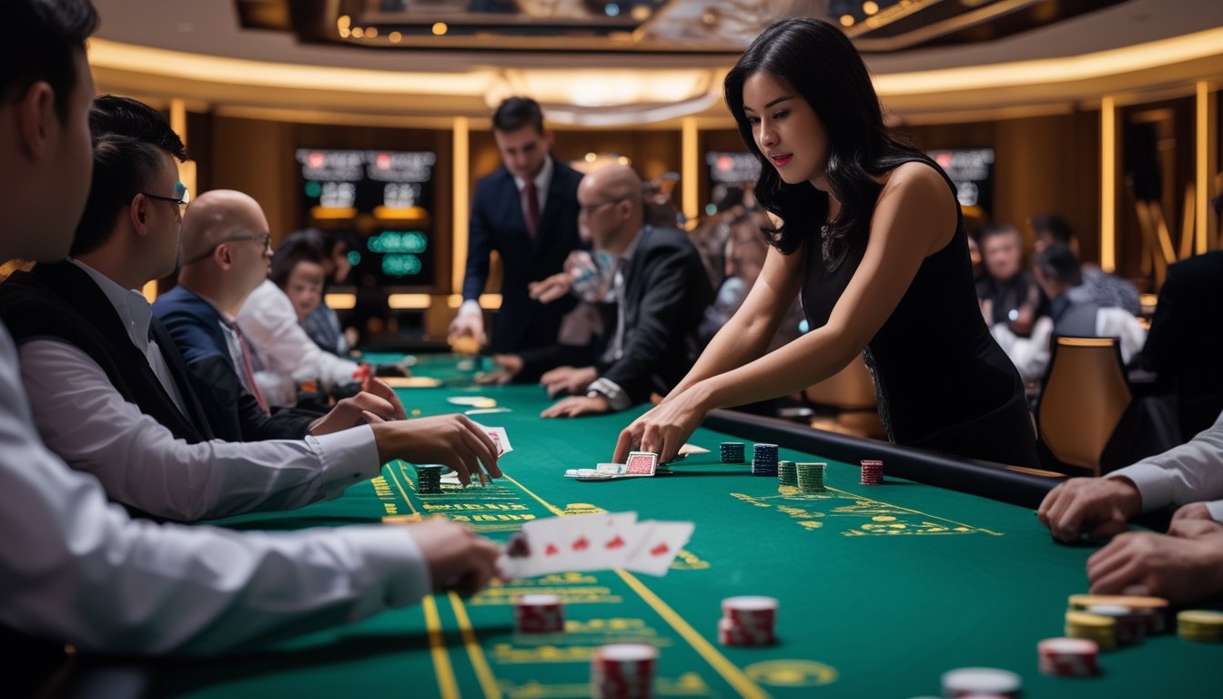 Meja baccarat dengan dealer membagikan kartu dan pemain yang fokus bermain dalam suasana kasino yang sibuk.