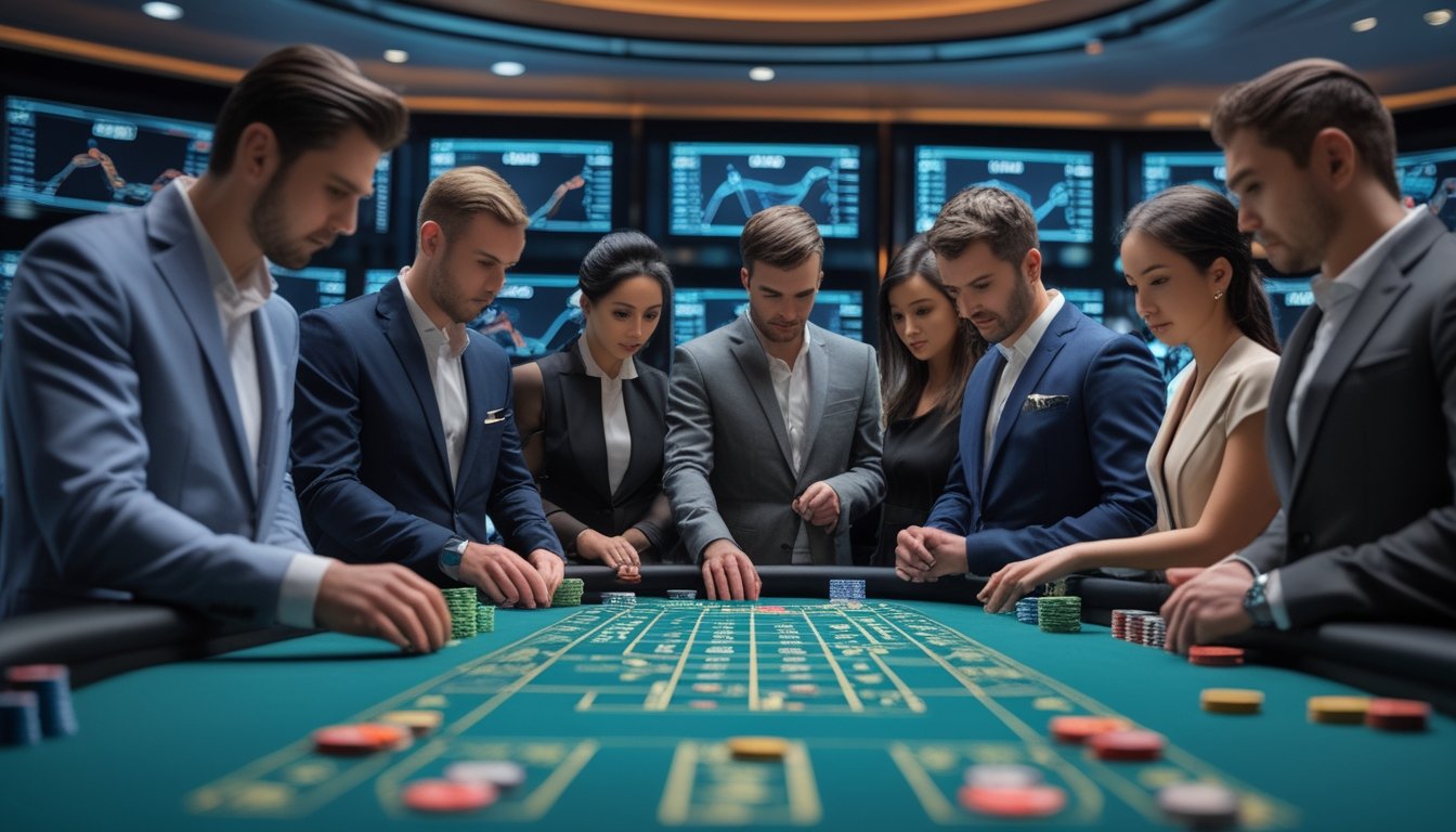 Meja baccarat dengan kartu dan chip, dikelilingi oleh pemain yang fokus memperhatikan permainan di kasino.