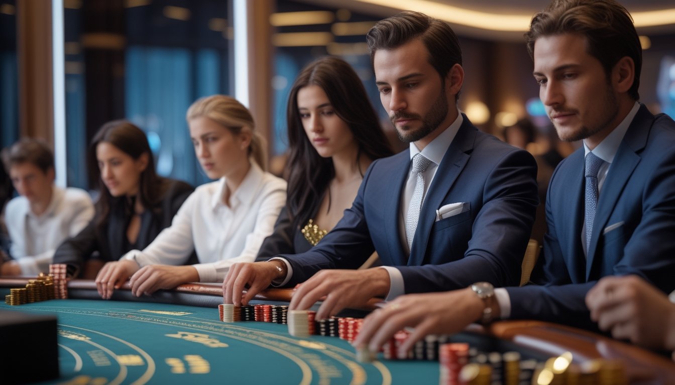 Meja baccarat dengan dealer dan pemain yang fokus dalam suasana kasino modern.