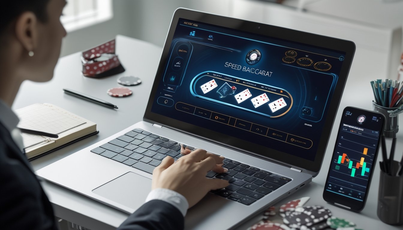 Seorang pemain sedang menggunakan laptop untuk bermain baccarat online dengan catatan strategi dan grafik di meja kerja yang rapi.