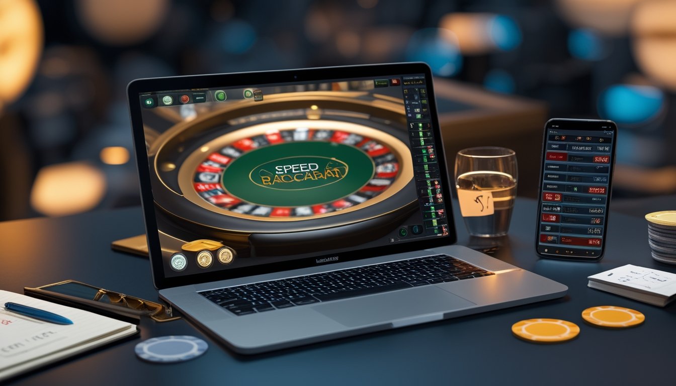 Seorang pemain sedang menggunakan laptop dengan meja baccarat digital dan chip taruhan, dikelilingi oleh alat tulis dan ponsel yang menampilkan statistik taruhan.
