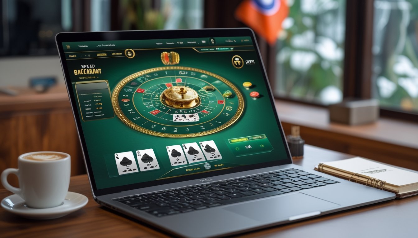 Seorang pemain sedang menggunakan laptop untuk bermain Speed Baccarat online di sebuah meja dengan suasana yang rapi dan profesional.