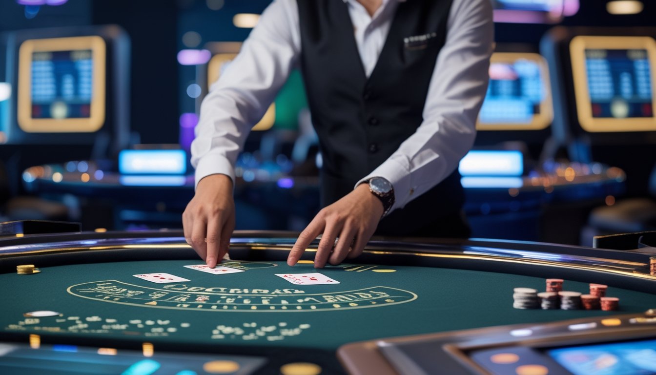 Meja permainan baccarat dengan dealer yang sedang membagikan kartu di kasino modern.