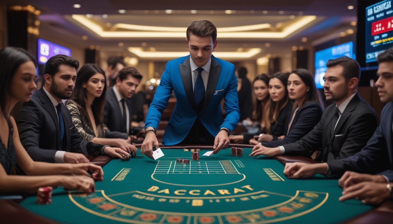 Seorang dealer kasino profesional membagikan kartu di meja Speed Baccarat dengan beberapa pemain yang fokus memperhatikan permainan.