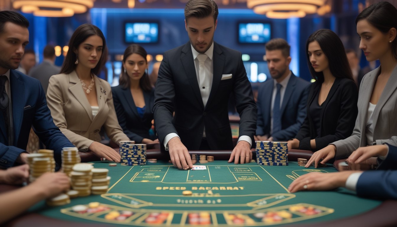 Seorang dealer kasino yang rapi membagikan kartu di meja baccarat dengan pemain yang fokus di sekelilingnya dalam suasana kasino yang mewah.