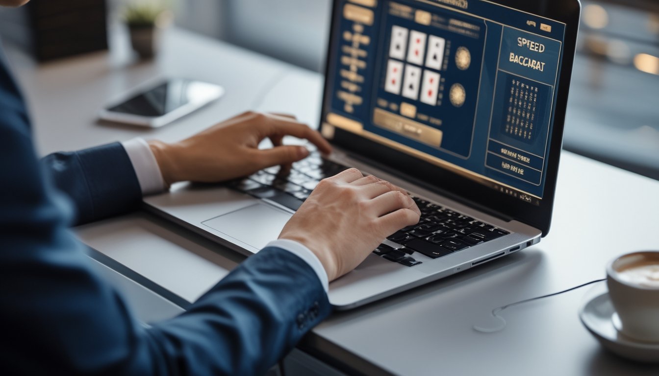 Seorang pengguna sedang bermain permainan Speed Baccarat online di laptop dengan meja yang rapi dan pencahayaan lembut.