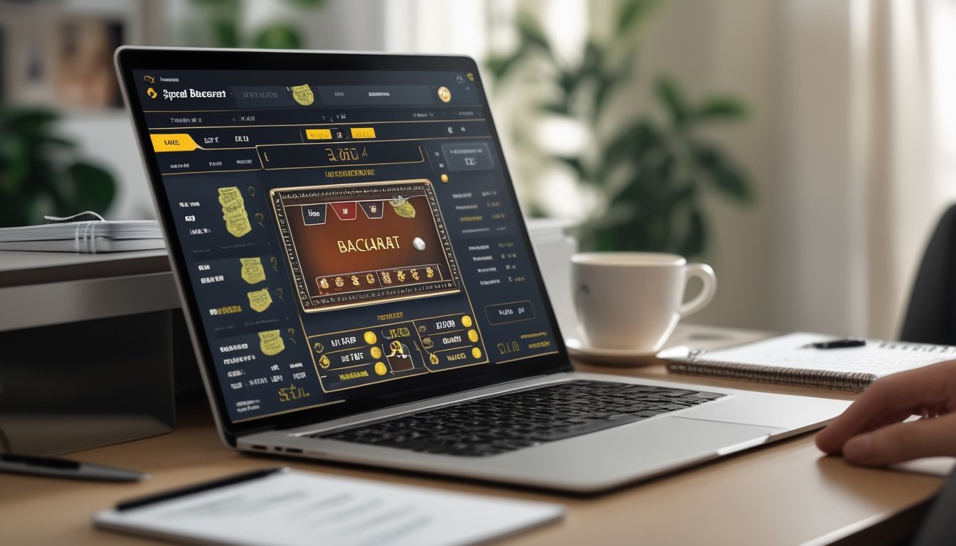 Seorang pemain sedang menggunakan laptop dengan tampilan permainan Speed Baccarat online di meja kerja yang rapi.