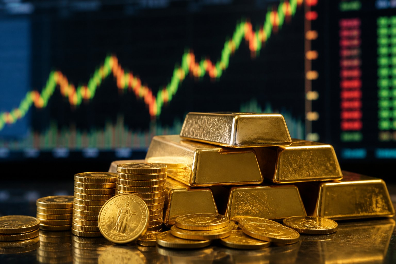Close-up of stacked gold bars and coins with a blurred stock market screen showing graphs in the background.
