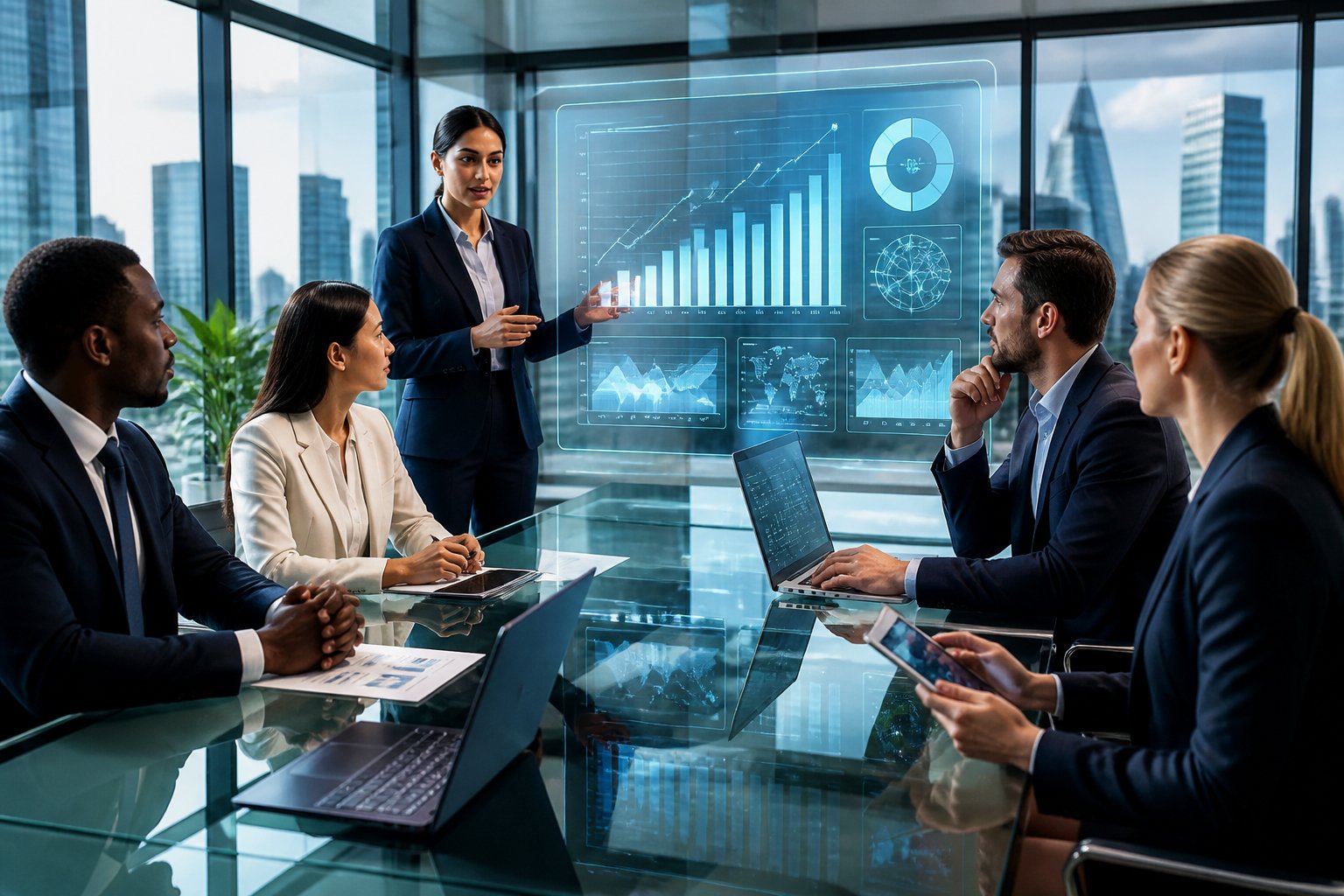 Business professionals in a modern office meeting around a table with digital financial charts and graphs displayed, discussing growth and funding strategies.
