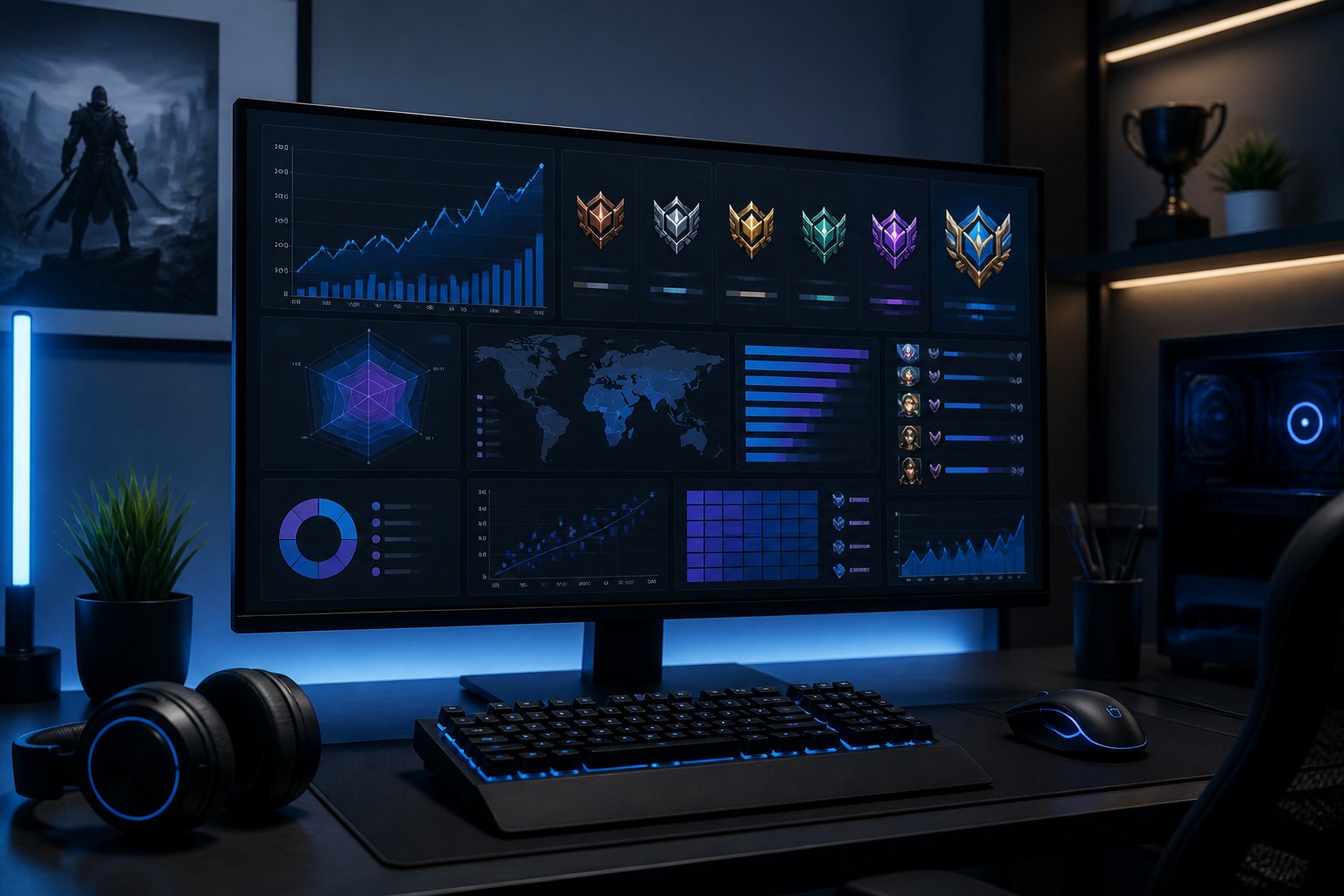 A computer workspace showing a monitor with charts and graphs related to online game rankings, surrounded by gaming peripherals.