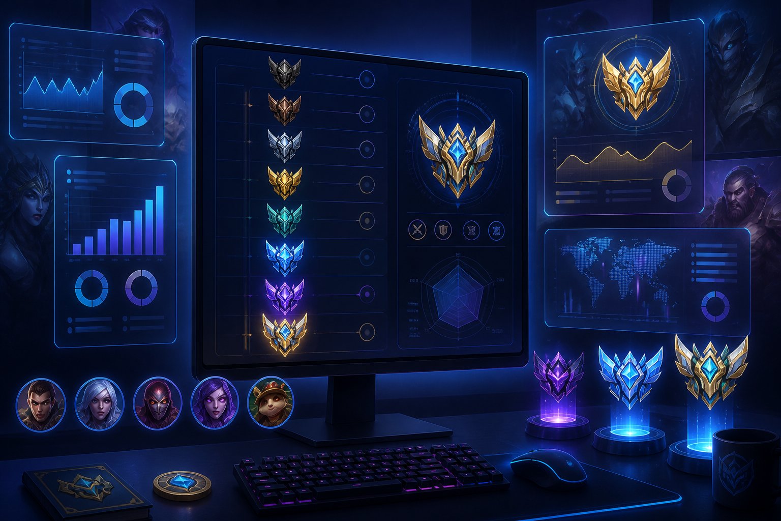 A computer screen showing a visual ranking system with tier icons and floating data elements representing the evaluation of League of Legends accounts.