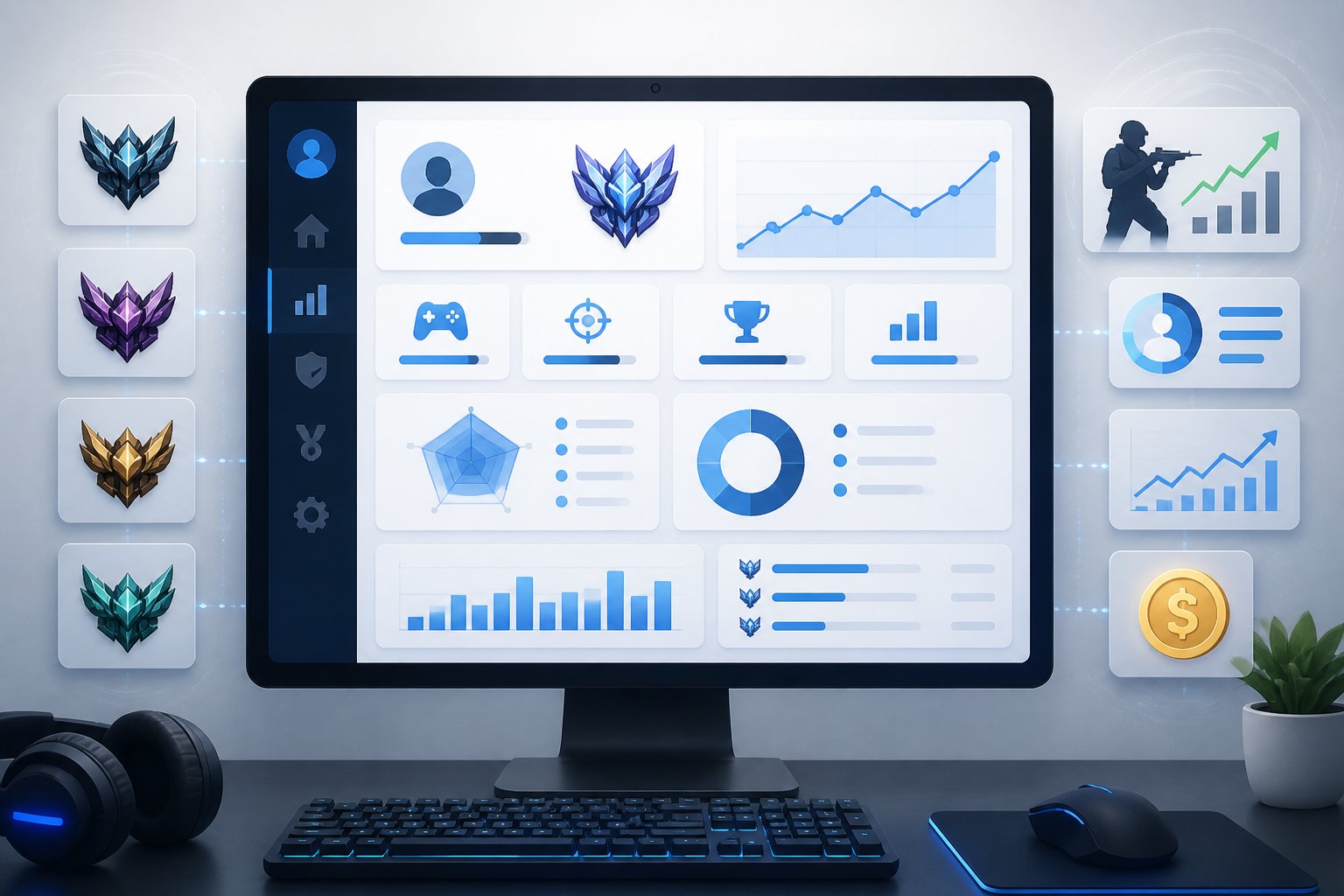 A computer screen showing charts and graphs representing the calculation of ranked gaming account values on a website.