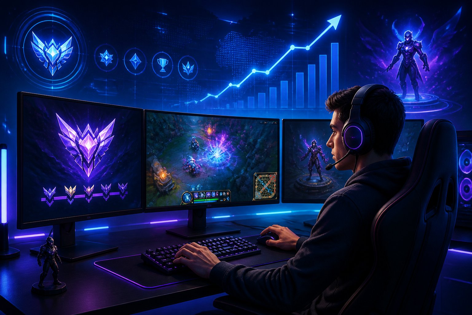 A gamer focused on a multi-monitor setup with gaming visuals and achievement icons in the background symbolizing progress and success.