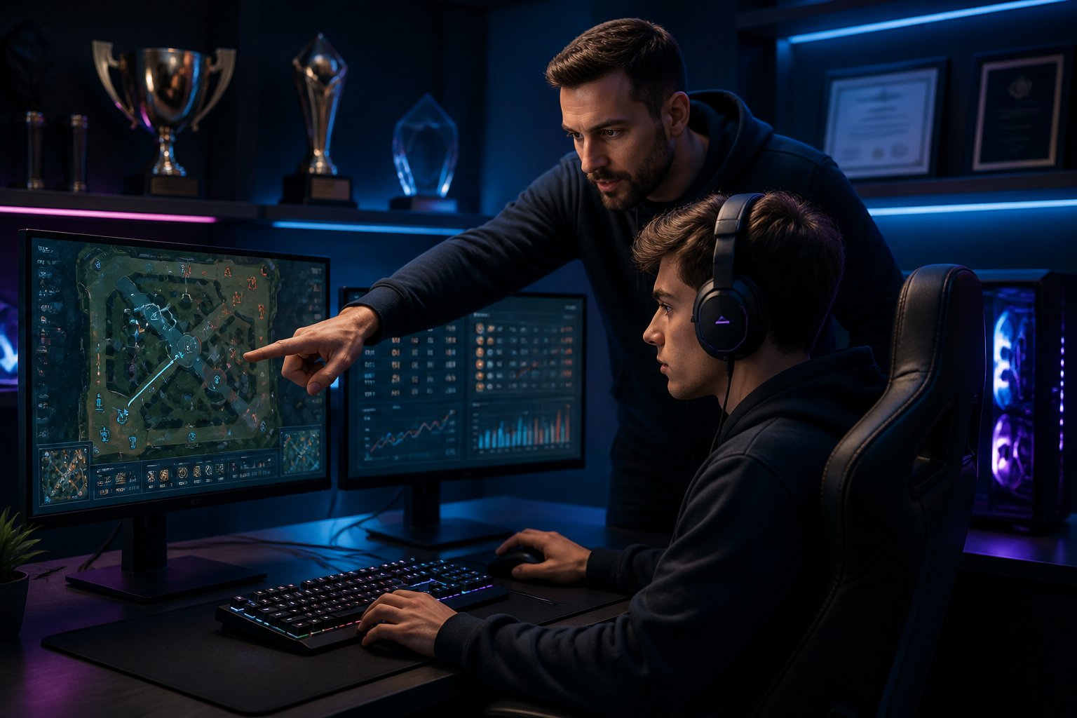 A coach guiding a gamer at a modern gaming setup with dual monitors and gaming equipment, showing a professional and focused interaction.