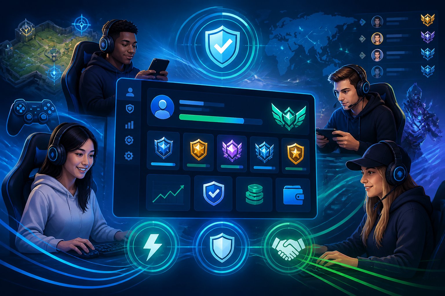 Gamers interacting with a futuristic digital interface showing progress and achievement icons, surrounded by symbols of speed and security.