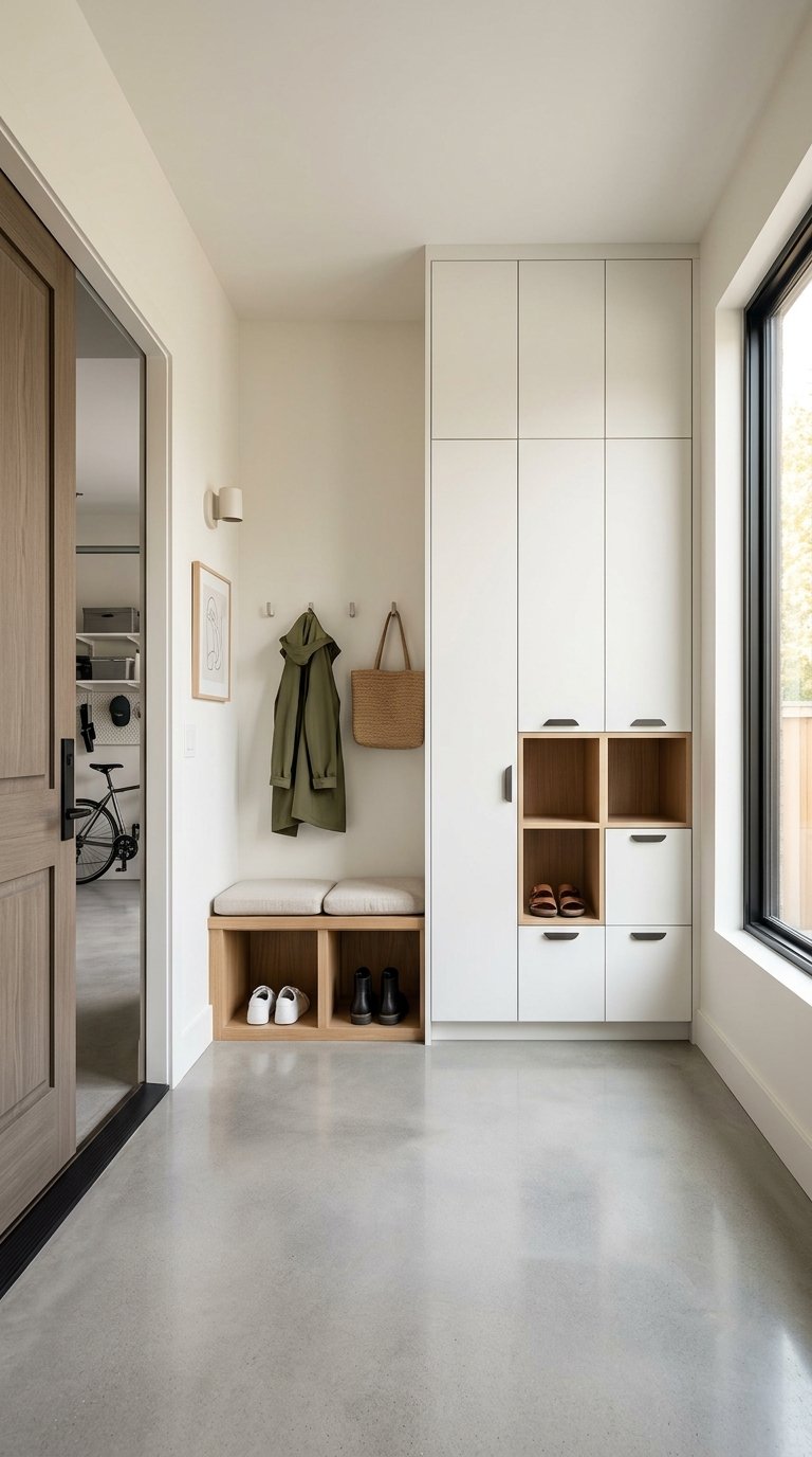 A clean and organized garage mudroom entrance with built-in hidden storage and natural light.