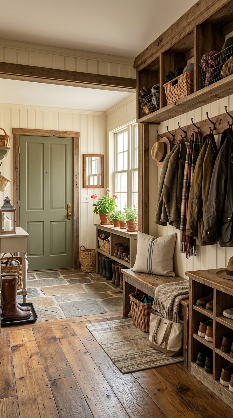 Mudroom area with wooden storage cubbies, bench, coat hooks, and a door leading to a garage.